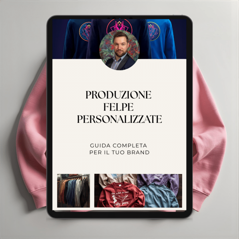 Un iPad affichant un guide italien sur la production Made in Italy de sweats personnalisés pour les marques, au-dessus d'un sweat rose à capuche, avec des images de sweats et le portrait d'un homme.