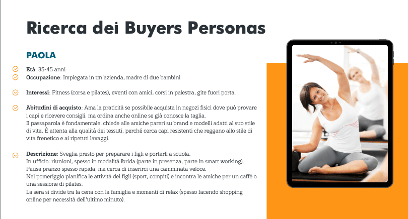 Slide presenting a buyer persona named Paola for a clothing brand; includes her age, occupation, interests, purchasing habits, and a photo of a woman in sportswear exercising on a yoga mat next to a tablet.
