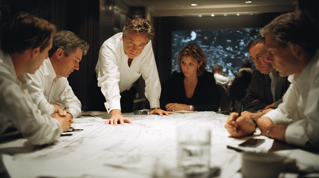 Six people in business attire discuss a business plan template for a clothing brand, gathered around architectural plans on a table, while one person stands up and gestures towards the documents in the meeting room.