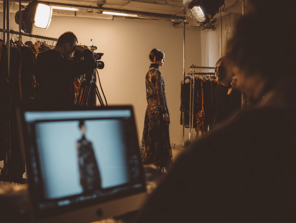 Un modèle pose pour une séance photo dans un studio tandis qu'un photographe filme, un ordinateur affichant une image floue de la scène au premier plan.