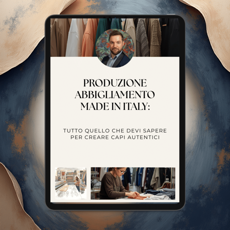 Tablero que muestra un artículo titulado "Producción de ropa Made in Italy", con imágenes de estantes con ropa, un hombre y personas trabajando con tejidos, que muestran la creación de prendas auténticamente italianas.