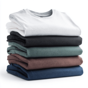 A neatly folded stack of six plain T-shirts in white, black, green, brown and blue shows the typical quality of contract clothing production, arranged in a stack on a white surface.