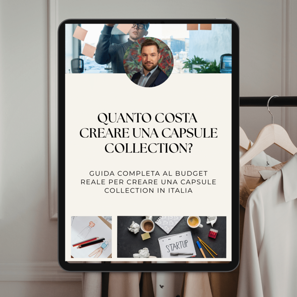 A tablet screen displays a guide in Italian entitled "How much is the capsule collection?" with images of business planning and office settings, all surrounded by hanging clothes.