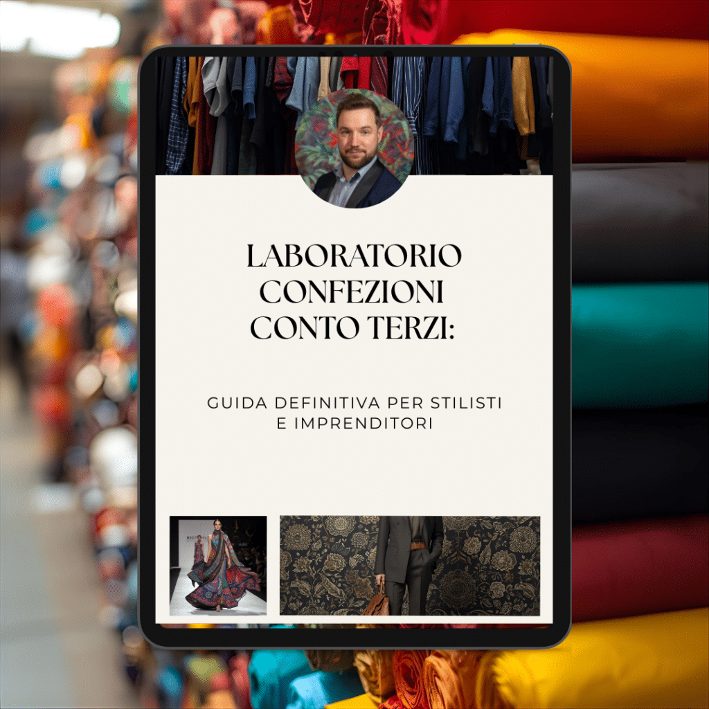 Una pantalla de tableta muestra una guía italiana para diseñadores y empresarios sobre talleres de confección, sobre un fondo borroso de rollos de tela de colores.