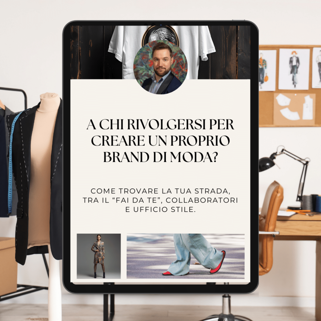 Tablette représentant un guide sur la création d'une marque de mode, avec un portrait d'homme, un texte en italien tel que "à qui s'adresse la création d'une marque", des photos de vêtements et un arrière-plan d'un espace de travail avec des mannequins et un bureau.