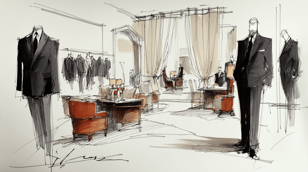 Un croquis d'une boutique de vêtements pour hommes haut de gamme avec des mannequins en costume, des fauteuils, des rideaux drapés et des étagères de vêtements : une inspiration parfaite pour ceux qui se demandent à qui s'adresser pour créer une marque de mode élégante.