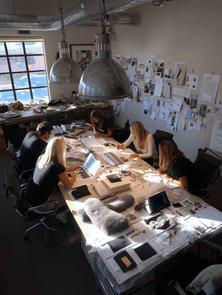 Cinq personnes travaillent autour d'une grande table couverte de papiers, d'ordinateurs portables et de matériel de conception dans un bureau lumineux - parfait pour ceux qui se demandent à qui s'adresser pour créer une marque - avec des planches d'inspiration qui décorent les murs.