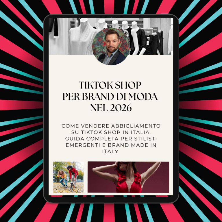 Un écran de tablette montrant un guide de boutique TikTok italien pour les vendeurs sociaux en 2026, avec des images de mode, des conseils "Mode" et le portrait d'un homme d'affaires, sur un fond graphique coloré.