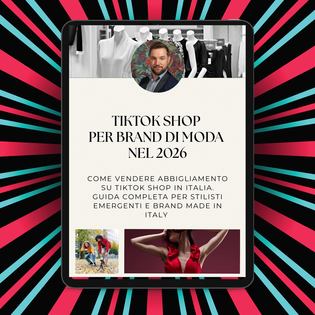Un écran de tablette montrant un guide de boutique TikTok italien pour les vendeurs sociaux en 2026, avec des images de mode, des conseils "Mode" et le portrait d'un homme d'affaires, sur un fond graphique coloré.