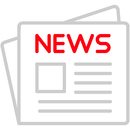 Icône d'un journal avec le mot "NEWS" en rouge en haut et des lignes et formes grises représentant le texte et les images sur la page.