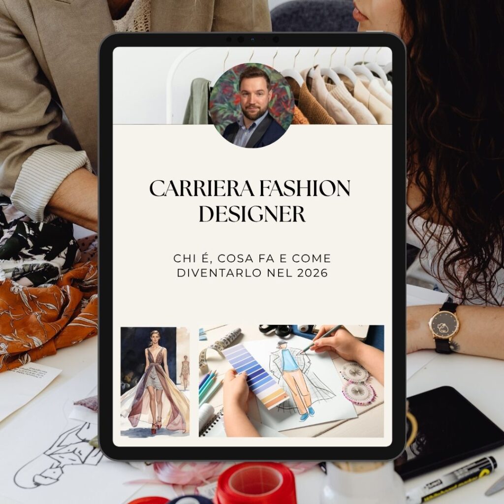 Un tablet mostra una guida su come diventare stilista di moda in italiano, con il ritratto di un uomo, scaffali di abbigliamento, bozzetti di moda e persone che lavorano con i tessuti sullo sfondo.