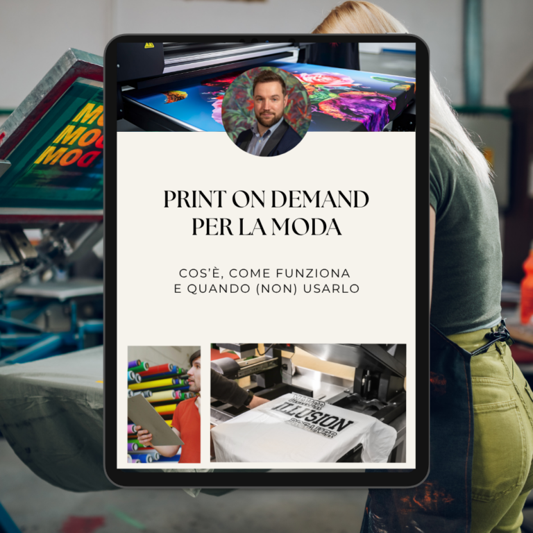 A tablet shows a fashionable print-on-demand guide in Italian, with pictures of printing equipment, held by a person standing in a workshop with professional printing presses.