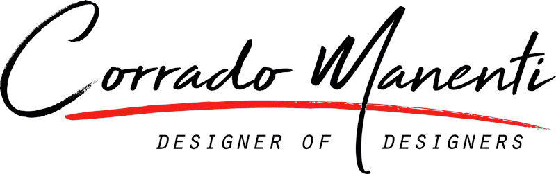 Logo avec le texte "Corrado Manenti" en italique et "Designer of Designers" en bas, séparés par un soulignement rouge.