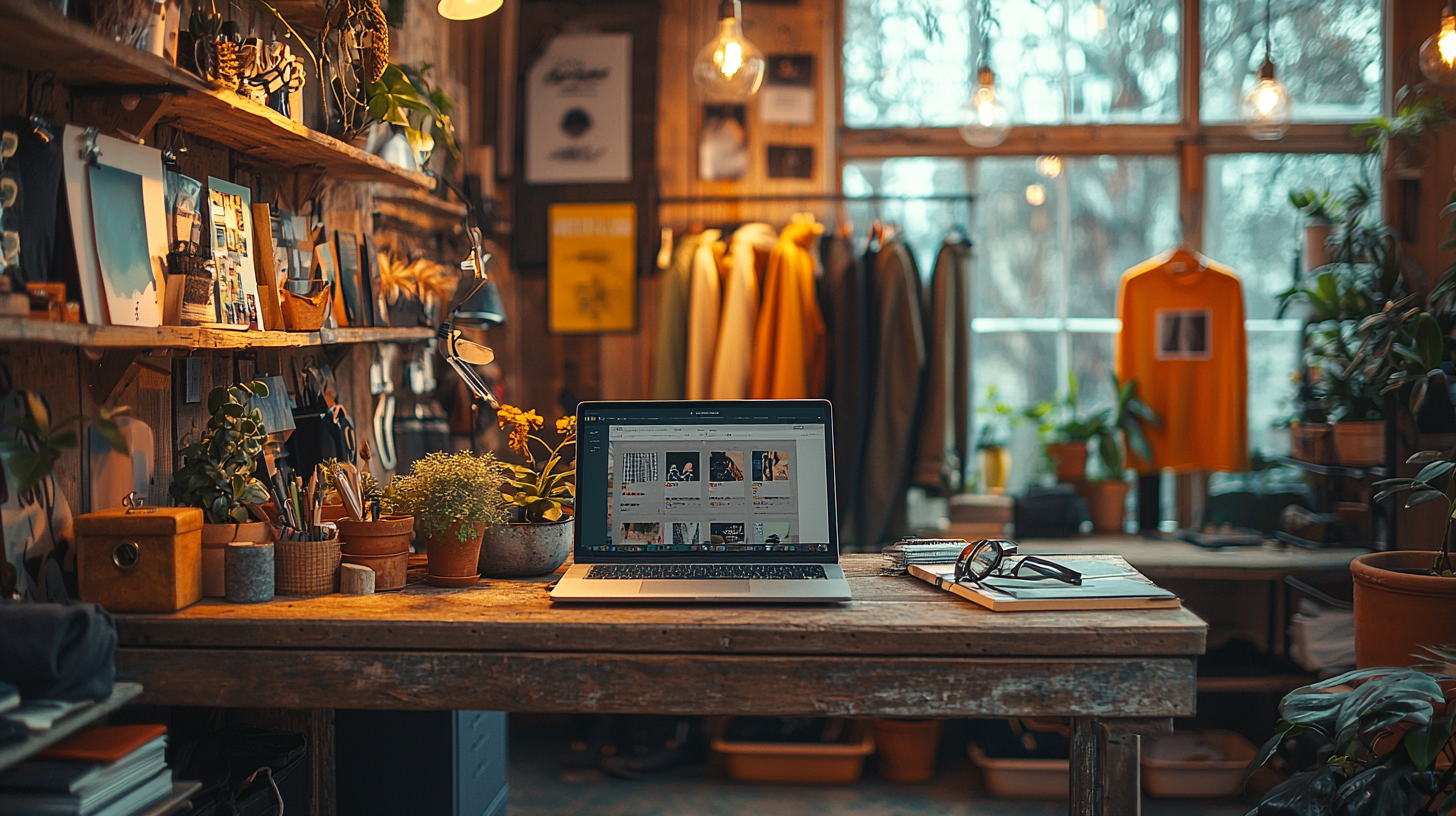 Workspace of an emerging fashion brand with e-commerce and collection in the background