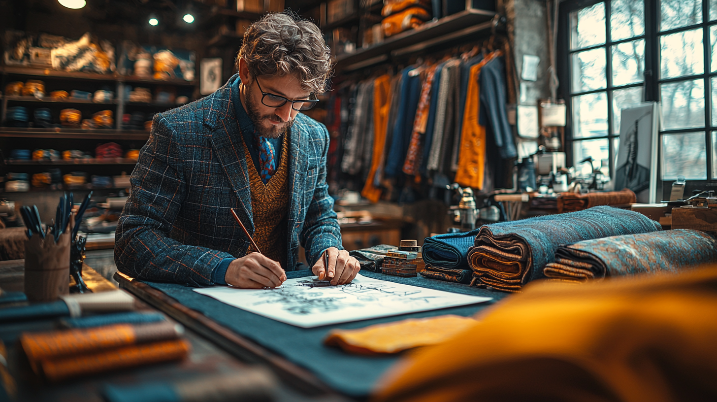 Fashion designer al lavoro in un atelier italiano: schizzi tecnici, tessuti, manichini
