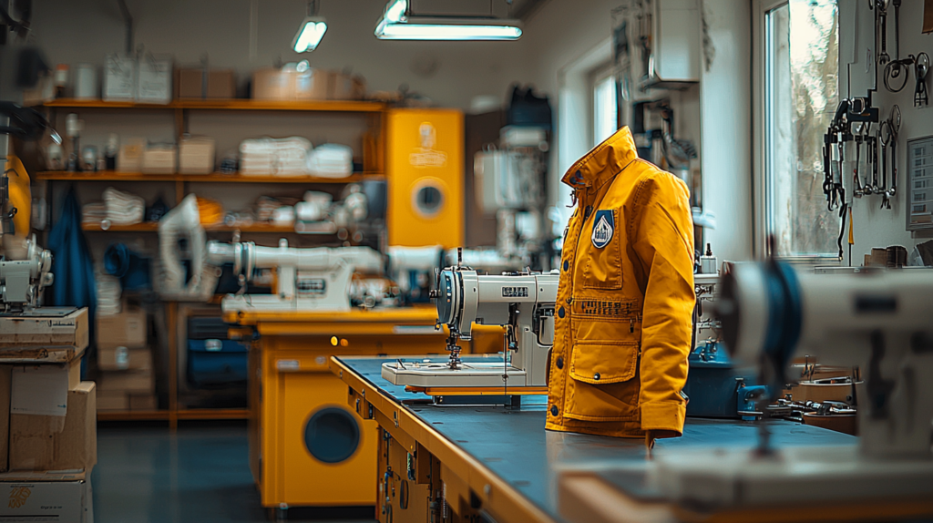 Una giacca gialla esposta su un manichino si trova accanto a macchine da cucire in un laboratorio sartoriale ben illuminato, con vari strumenti e forniture visibili sullo sfondo.