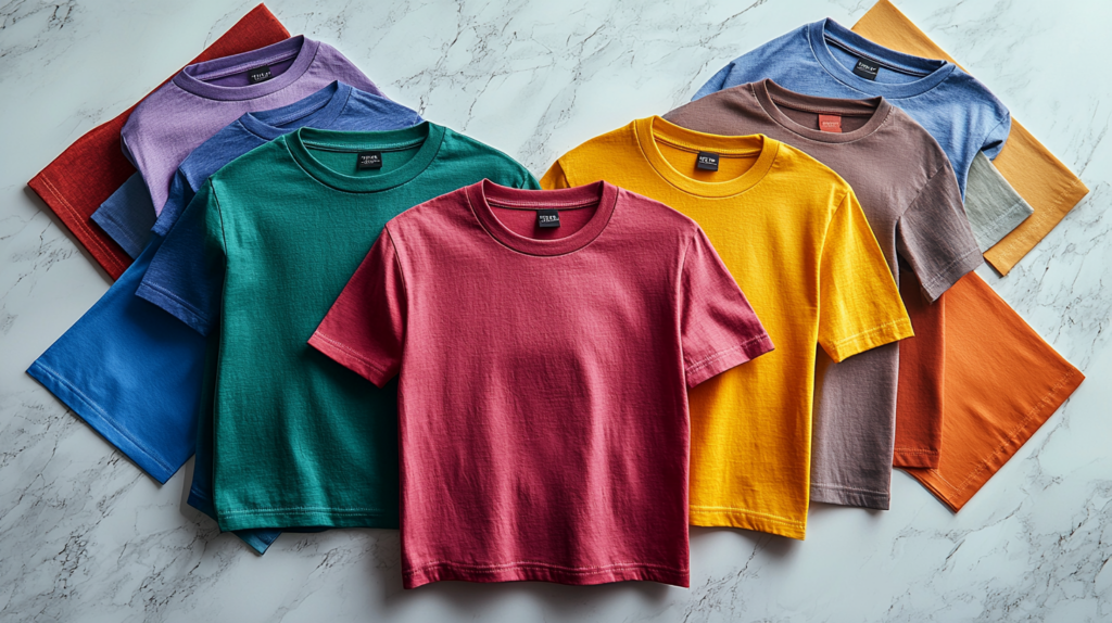 Sette magliette a maniche corte di vari colori solidi sono disposte a ventaglio su una superficie di marmo, ognuna abbinata a un campione di tessuto corrispondente.