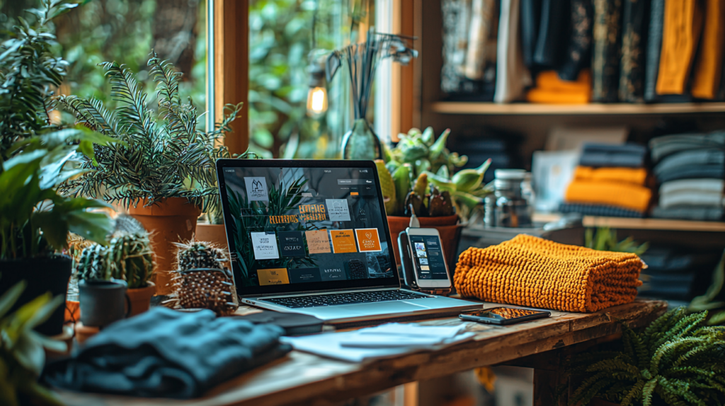 Un computer portatile e uno smartphone che visualizzano un sito web di abbigliamento si trovano su un tavolo di legno circondato da abiti piegati e piante in vaso in un negozio accogliente e ben illuminato.