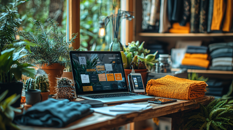 Un computer portatile e uno smartphone che visualizzano un sito web di abbigliamento si trovano su un tavolo di legno circondato da abiti piegati e piante in vaso in un negozio accogliente e ben illuminato.