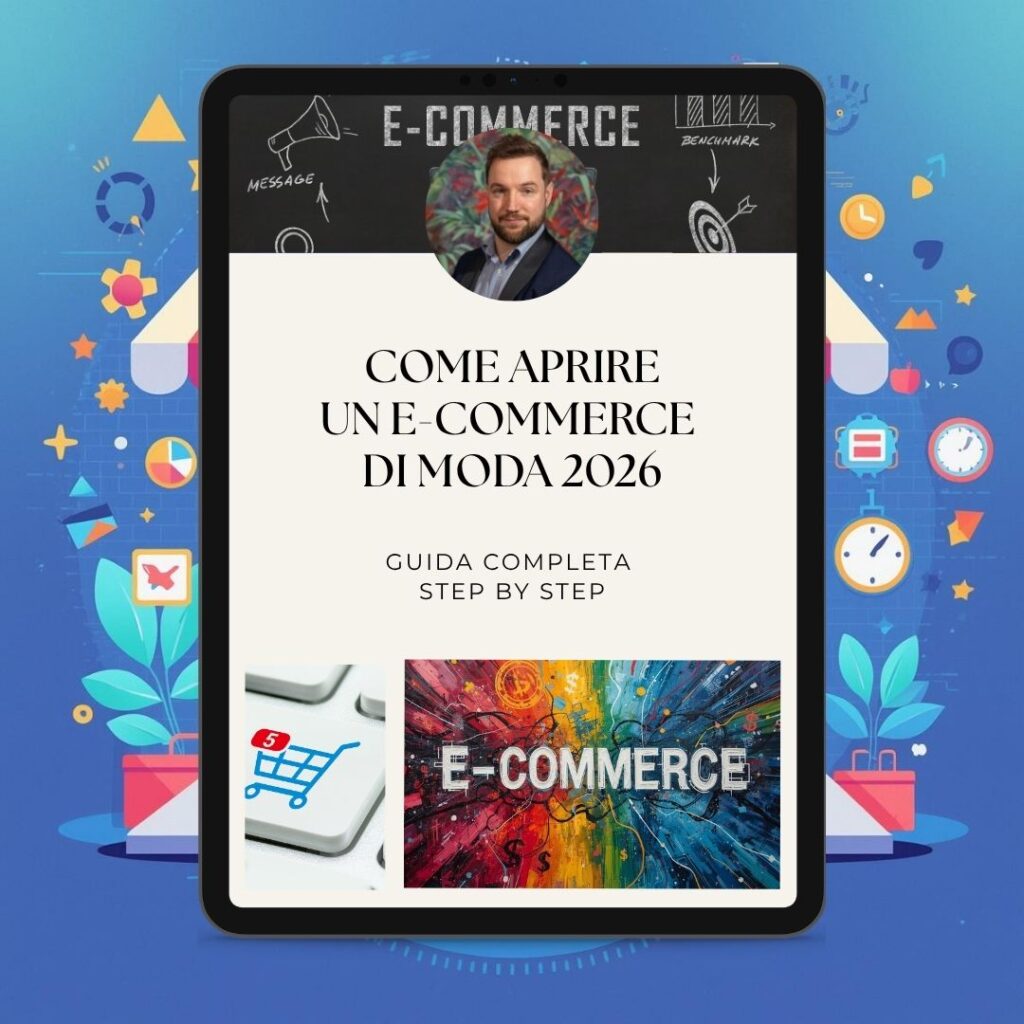 Tablet che visualizza una guida dal titolo "Come aprire un e-commerce di moda 2026" con immagini di tastiera, grafiche ecommerce moda e il ritratto di un uomo in alto: scopri come aprire negozio online passo dopo passo.