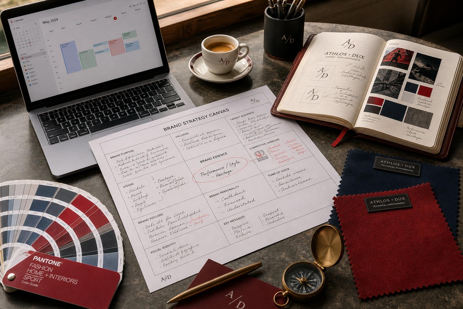 Come creare un brand di abbigliamento sportivo nel 2026: la lezione di HYROX per stilisti emergenti 3 Canvas strategia brand activewear con notebook, swatch tessuti tecnici e Pantone su scrivania designer