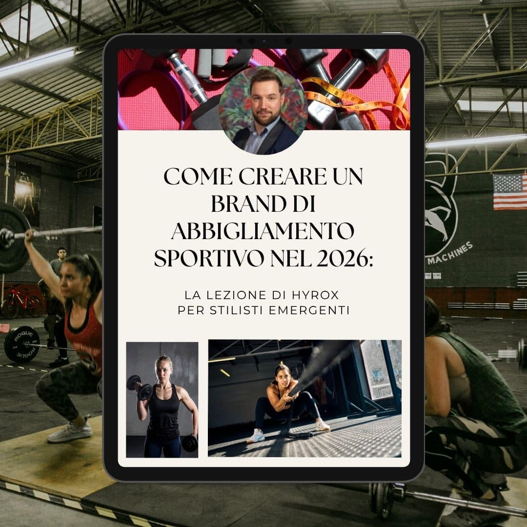 Ein digitales Flugblatt zeigt das Porträt eines Mannes und einen Text über die Gründung einer Sportbekleidungsmarke im Jahr 2026, überlagert von Bildern von Menschen, die in einem Fitnessstudio Gewichte heben.