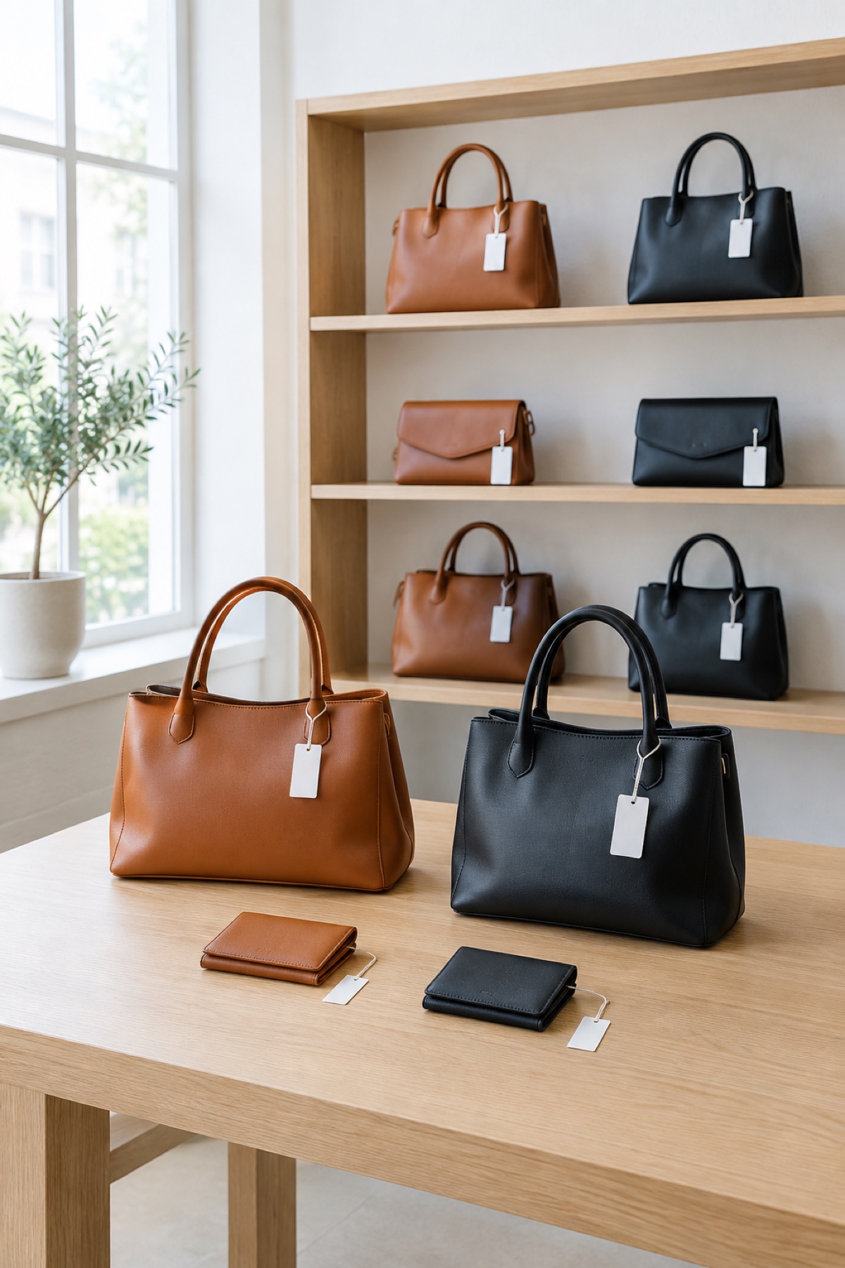 Borse in pelle cognac e nere finite, con portafogli coordinati, sugli scaffali di un atelier di pelletteria