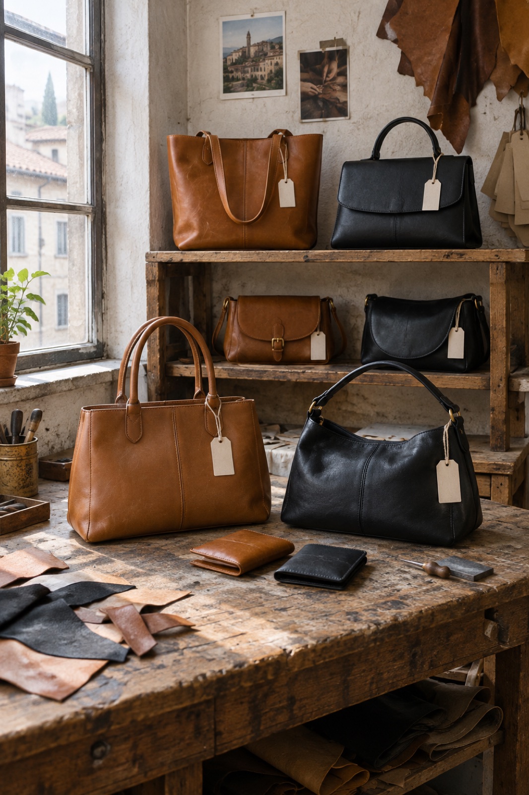 Bolsos de piel con etiquetas de control de calidad en los mostradores y estanterías de un taller de marroquinería