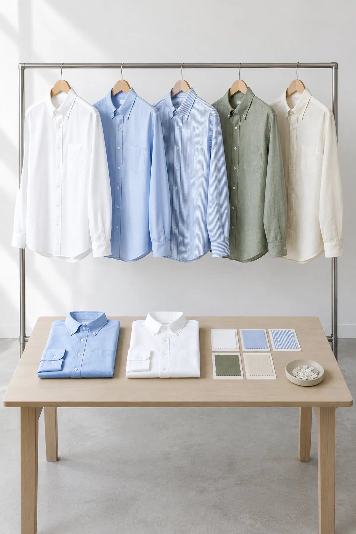 Capsule di camicie su uno stender: oxford bianca, popeline azzurra, righe, lino verde salvia ed ecrù, con campioni di tessuto e bottoni in madreperla