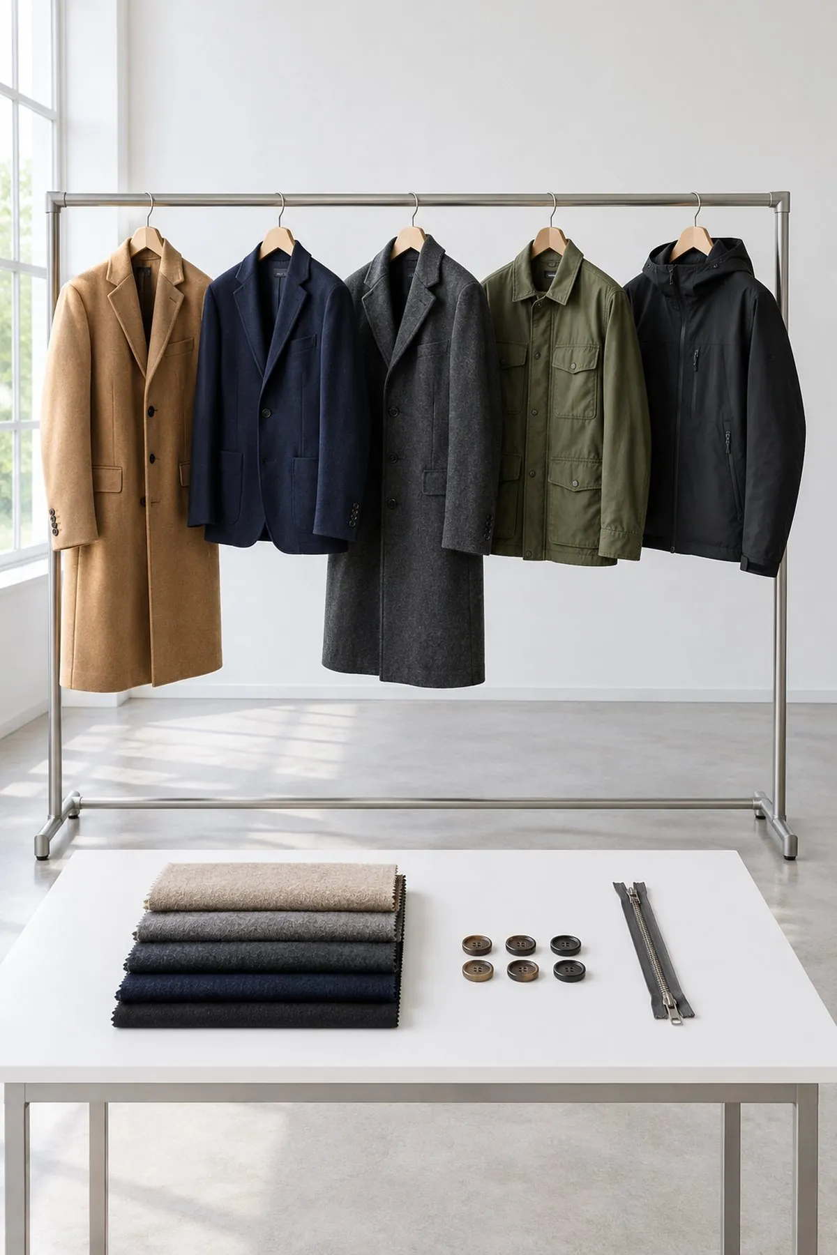 Capsule di capispalla su uno stender: cappotto cammello, blazer blu, cappotto antracite, field jacket verde oliva e giacca tecnica nera, con campioni di lana e bottoni in corno