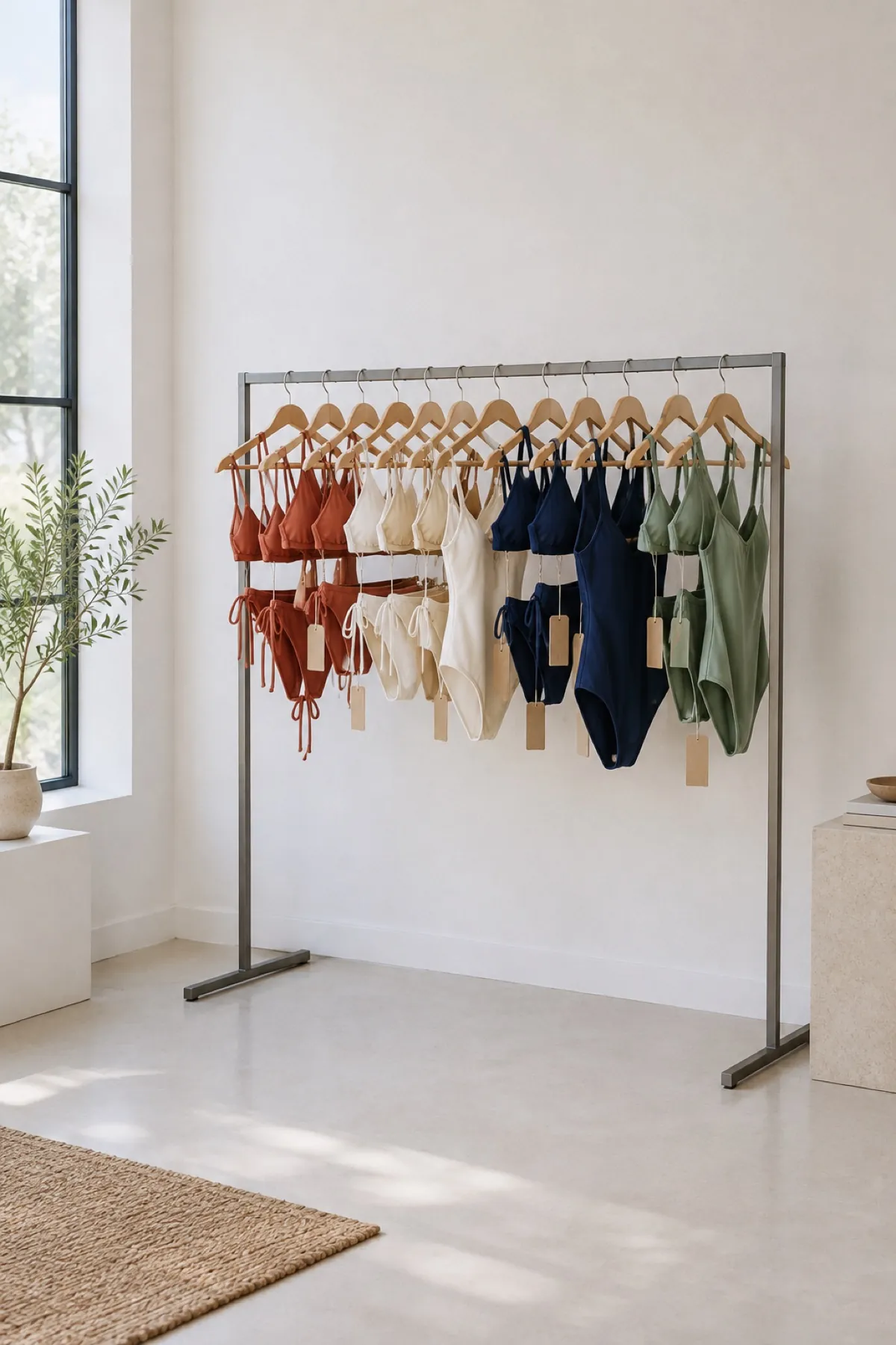 Des bikinis et des maillots une pièce couleur terre cuite, ivoire, bleu et vert sauge suspendus à un portant, accompagnés d'étiquettes en papier kraft