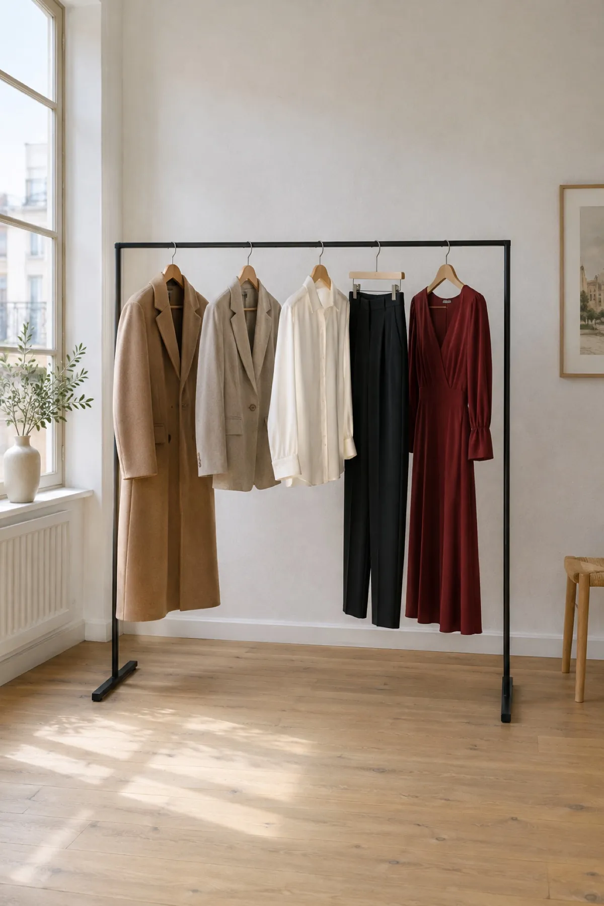 Capsule collection donna su uno stender: cappotto cammello, blazer, camicia in seta avorio, pantaloni neri e abito rosso
