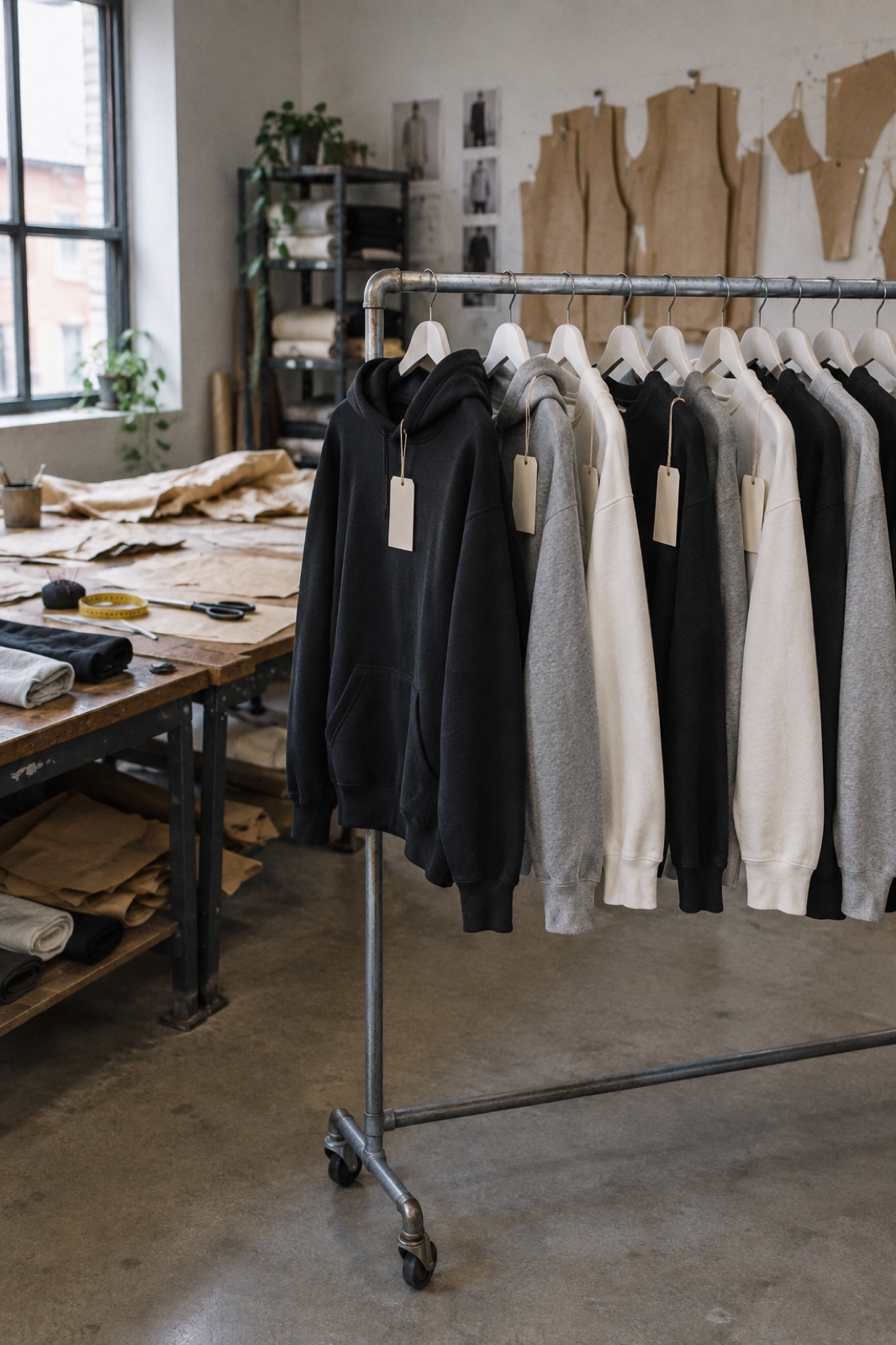 Des sweats et des pulls à col rond, suspendus au portant de la salle d'échantillons, avec leurs étiquettes