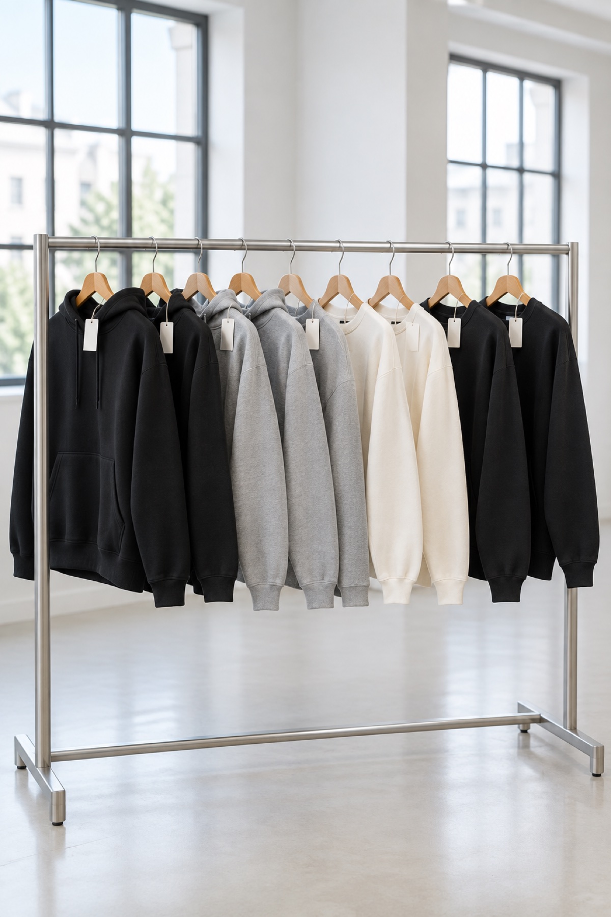 Felpe e crewneck nere, grigie e panna appese a uno stender nella sala campionario