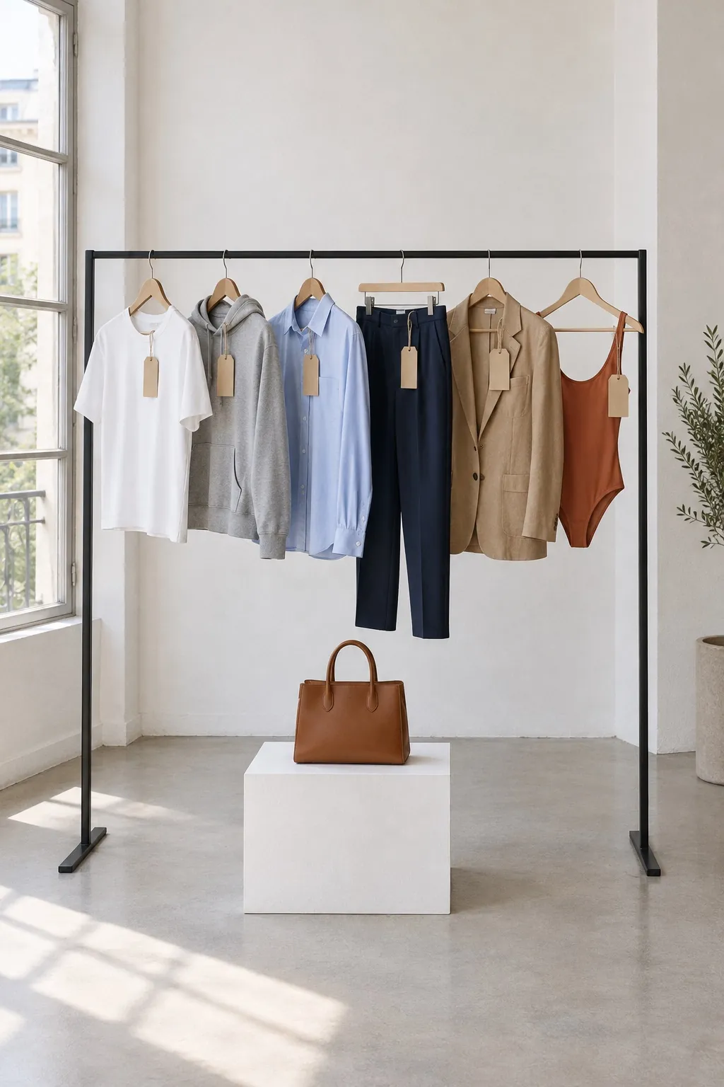 Capsule collection su uno stender: t-shirt bianca, felpa grigia, camicia azzurra, pantaloni blu, blazer cammello e costume terracotta, con una borsa in pelle color cuoio