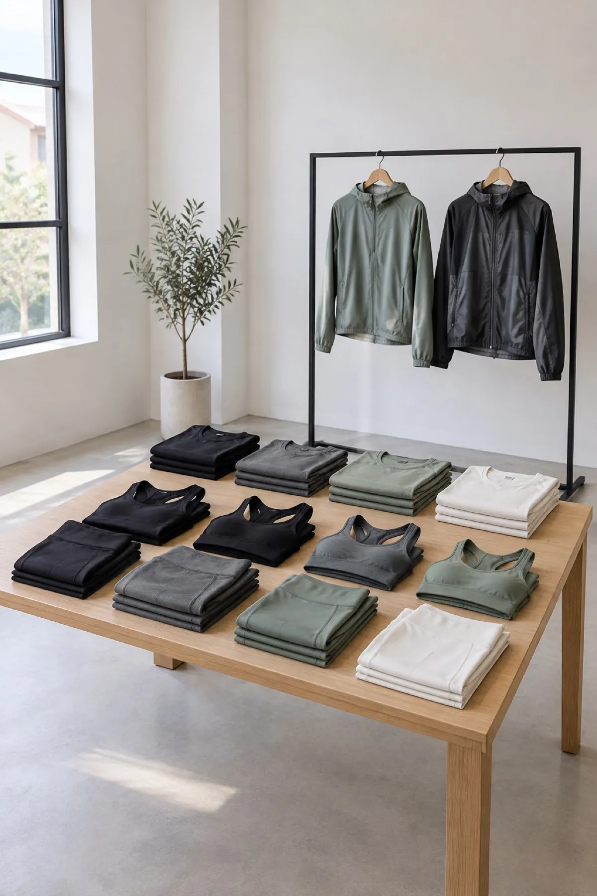 Collection de vêtements de sport : des leggings, des hauts et des t-shirts techniques pliés sur une table, ainsi que des vestes techniques suspendues
