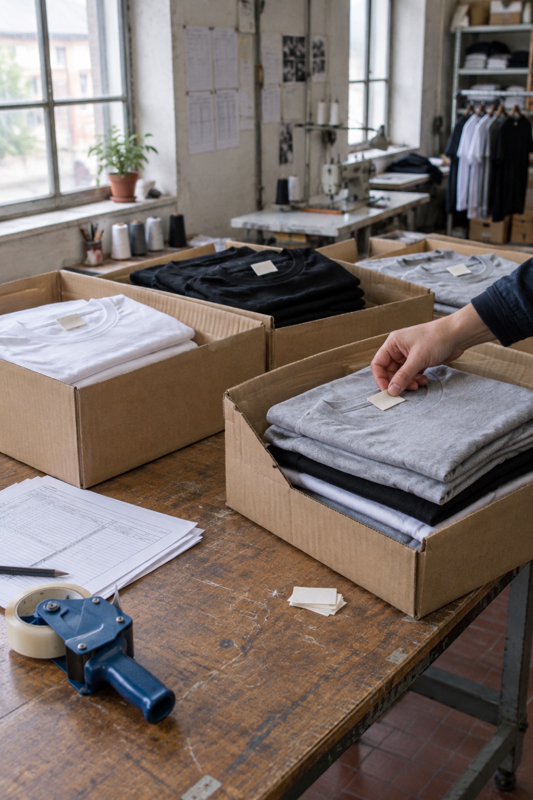 Des t-shirts finis, pliés dans des cartons, sur la table d'emballage d'un atelier de confection