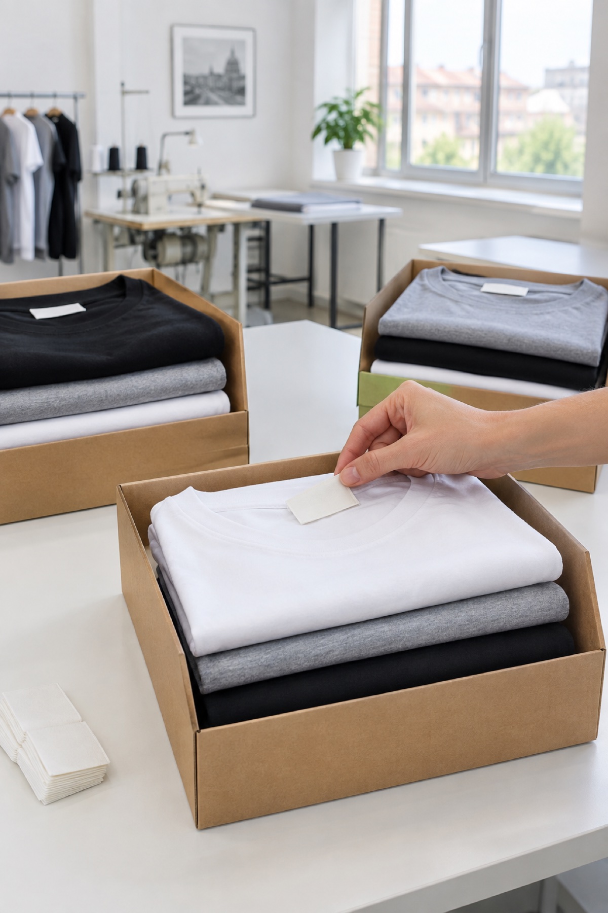 T-shirt bianche, grigie e nere piegate nelle scatole pronte per la spedizione