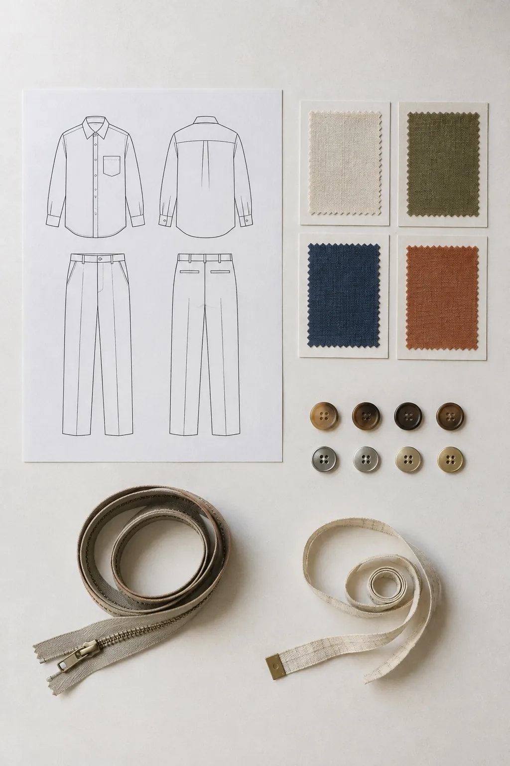 Scheda tecnica con i disegni in piano di una camicia e di un pantalone, cartelle tessuto, bottoni in corno e metallo, una zip e un metro da sarta