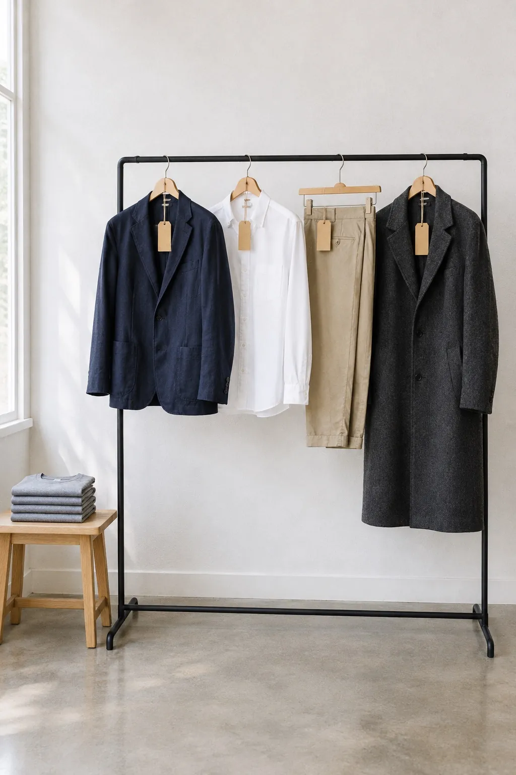 Capsule collection uomo su uno stender: giacca blu destrutturata, camicia oxford bianca, chino beige e cappotto antracite, con t-shirt grigie piegate