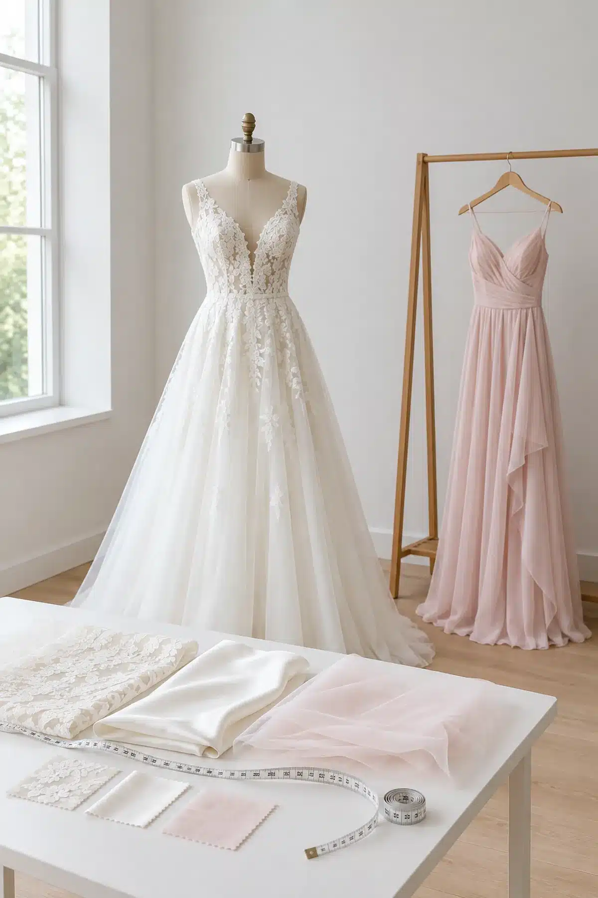 Atelier sposa: un abito bianco su un manichino sartoriale, campioni di pizzo e mikado avorio e un abito da cerimonia color cipria appeso