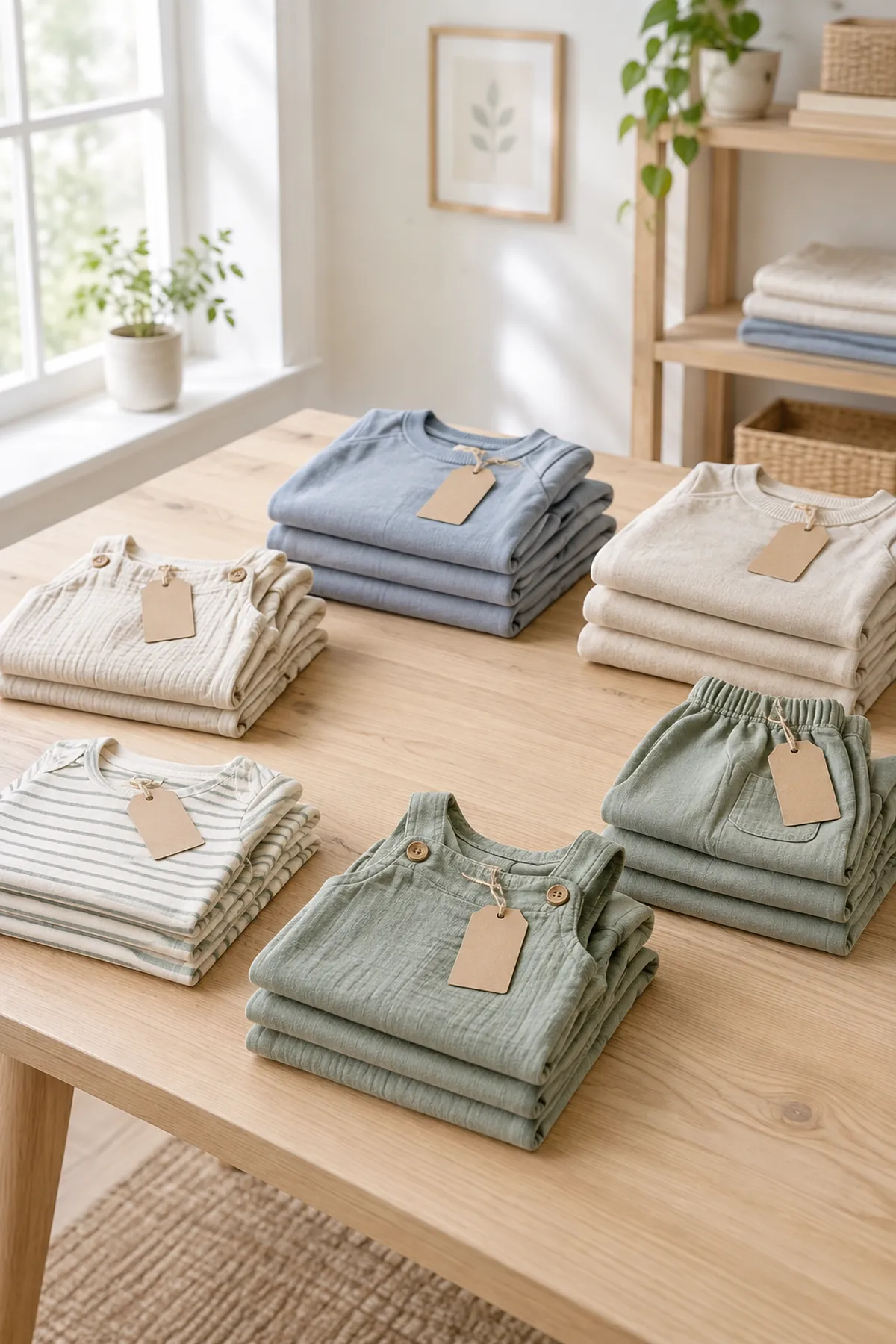 Des vêtements pour enfant pliés sur une table claire : des grenouillères, des sweats, des t-shirts rayés et des pantalons en coton aux couleurs douces