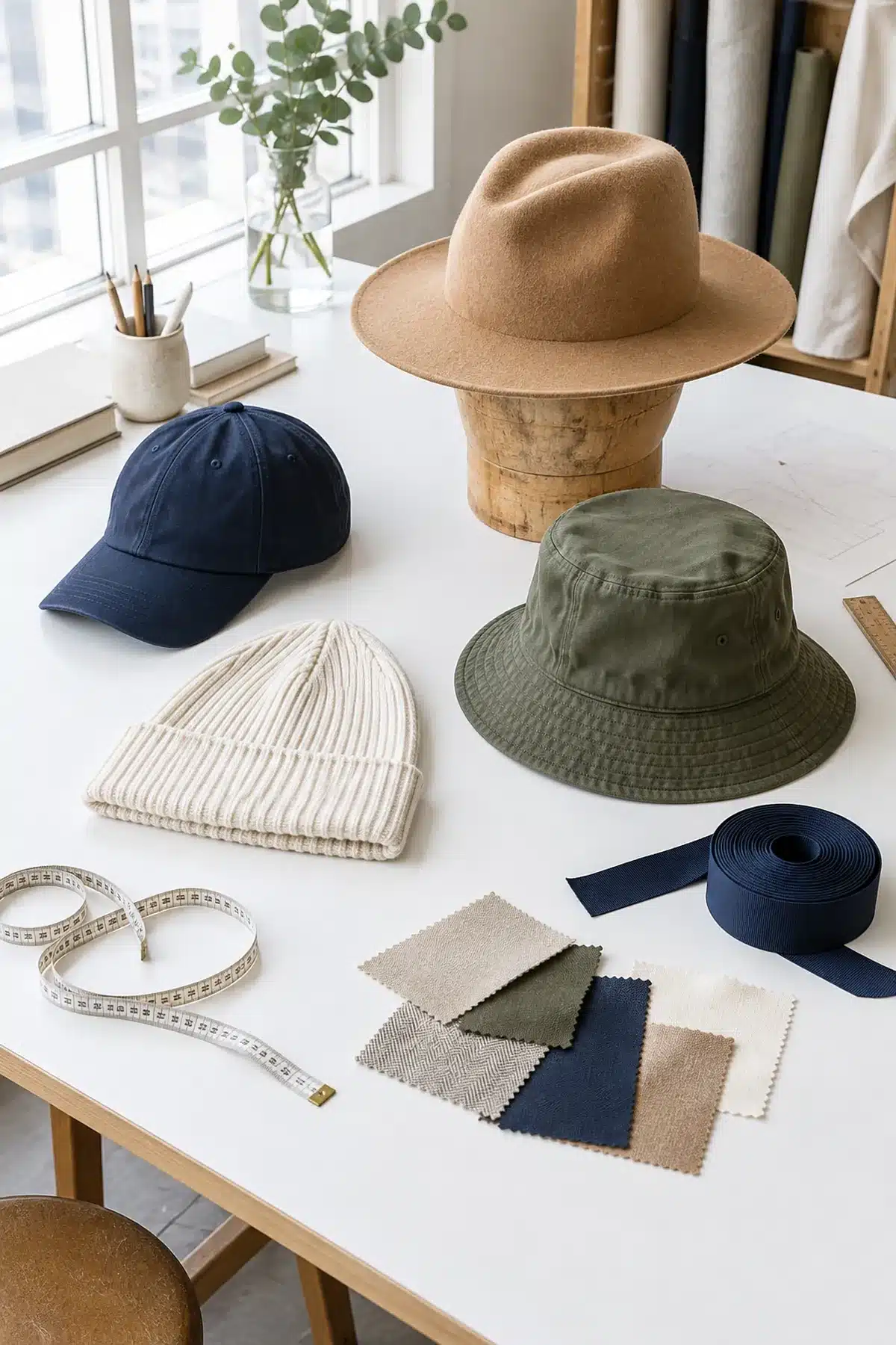 Collezione di cappelli su un tavolo da modellista: un cappellino da baseball blu, un berretto in maglia color panna, un bucket hat in cotone e un cappello in feltro su una forma di legno