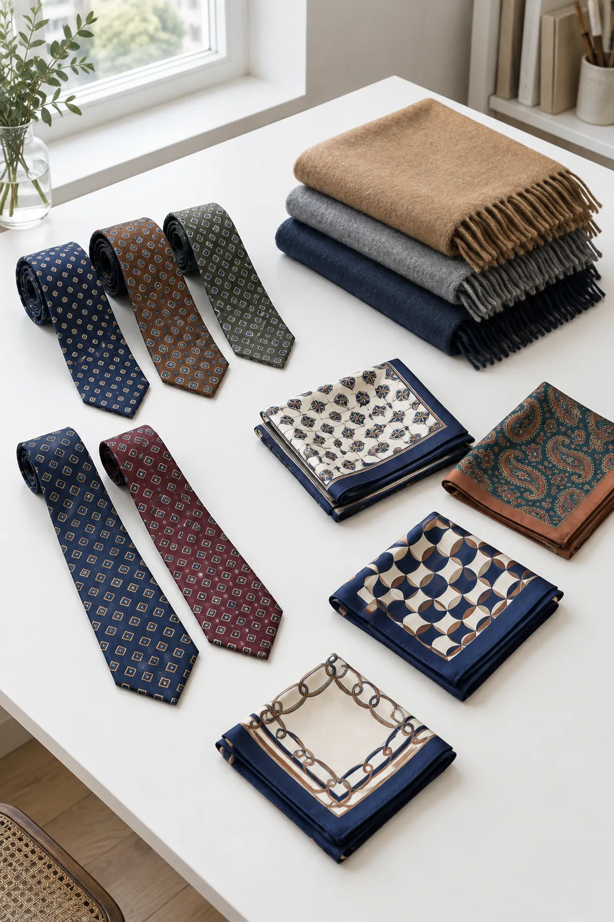 Cravates en soie aux motifs géométriques, foulards imprimés et écharpes en laine posées sur une table blanche
