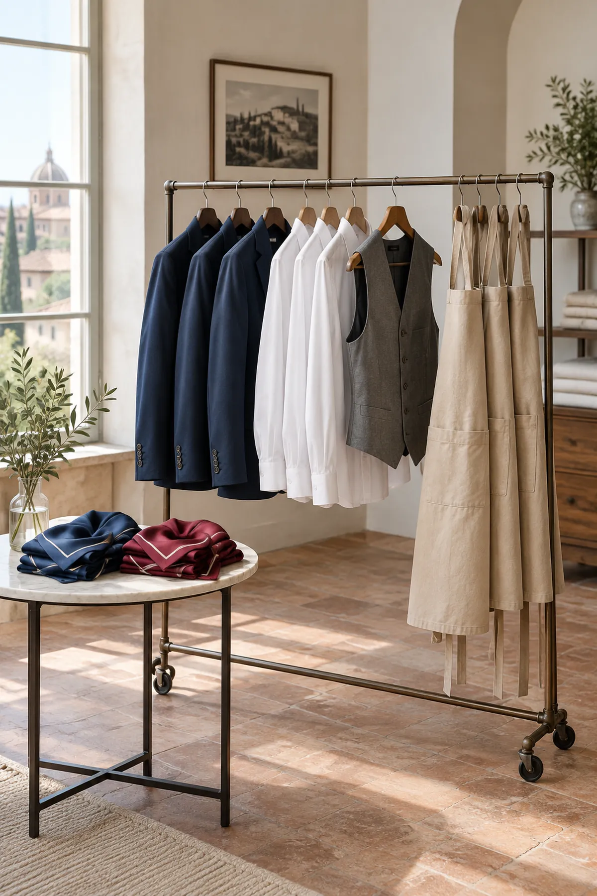 Des tenues professionnelles suspendues sur un portant : blazers bleus, chemises blanches, tabliers en toile, foulards en soie et gilets, dans un atelier lumineux