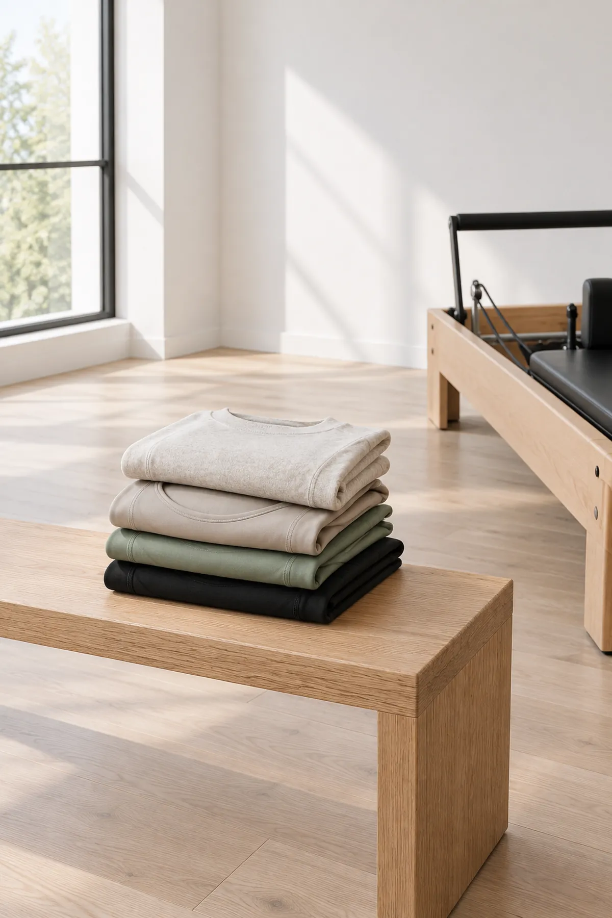 Une sélection de vêtements pour un studio de Pilates : des leggings, des hauts et des sweats en noir, sauge et sable, posés à côté d'un reformer