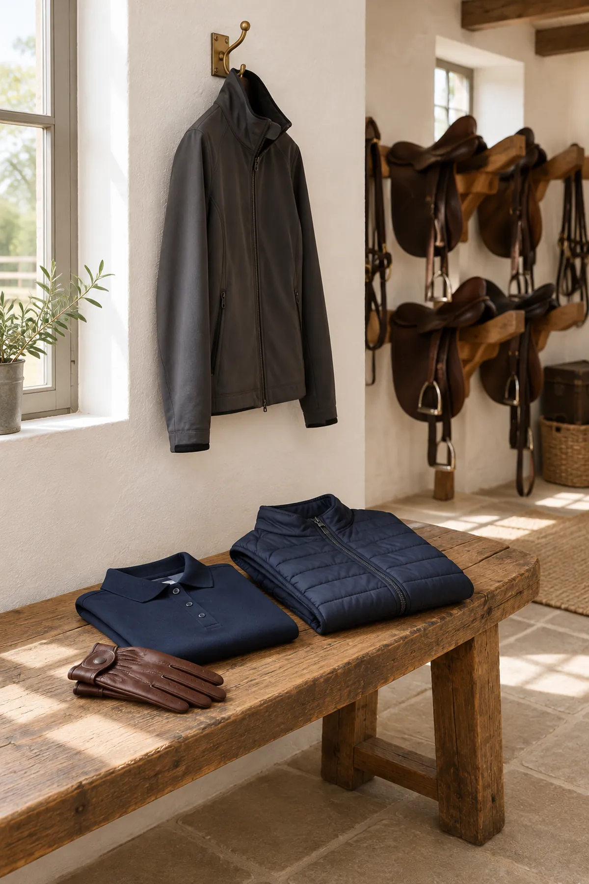 Une collection de vêtements d'équitation dans une sellerie : un polo bleu marine, un gilet matelassé, une veste softshell et des gants en cuir, posés sur un banc en bois