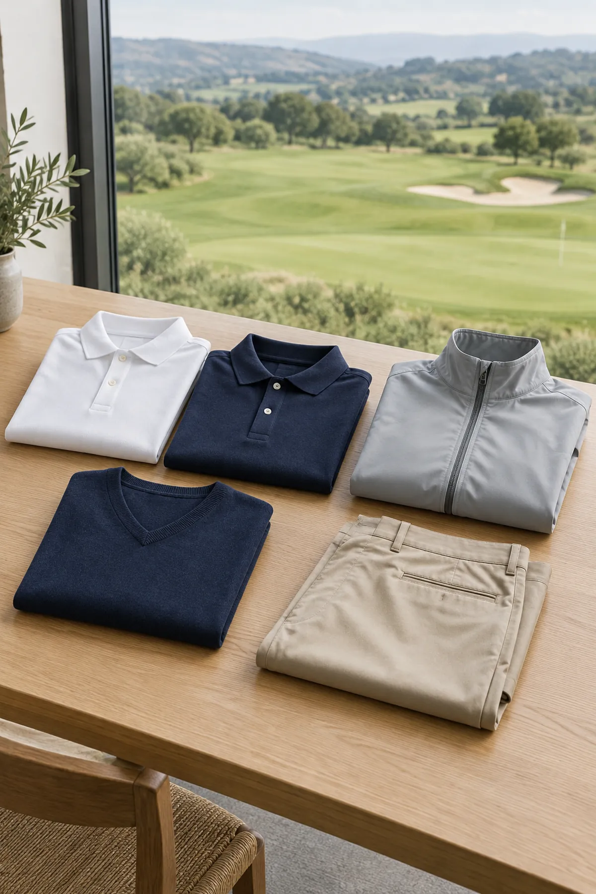 Une collection de vêtements de golf posée sur une table en bois : des polos blancs et bleus, des pulls à col en V, des pantalons chino et une veste softshell