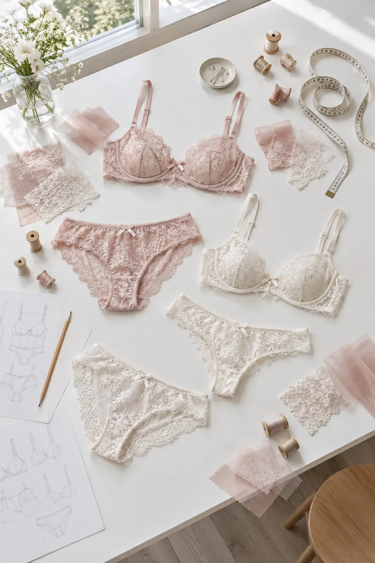 Échantillons de lingerie posés sur une table de modéliste : soutiens-gorge et culottes en dentelle couleur poudre et ivoire, bobines de fil et échantillons de tulle