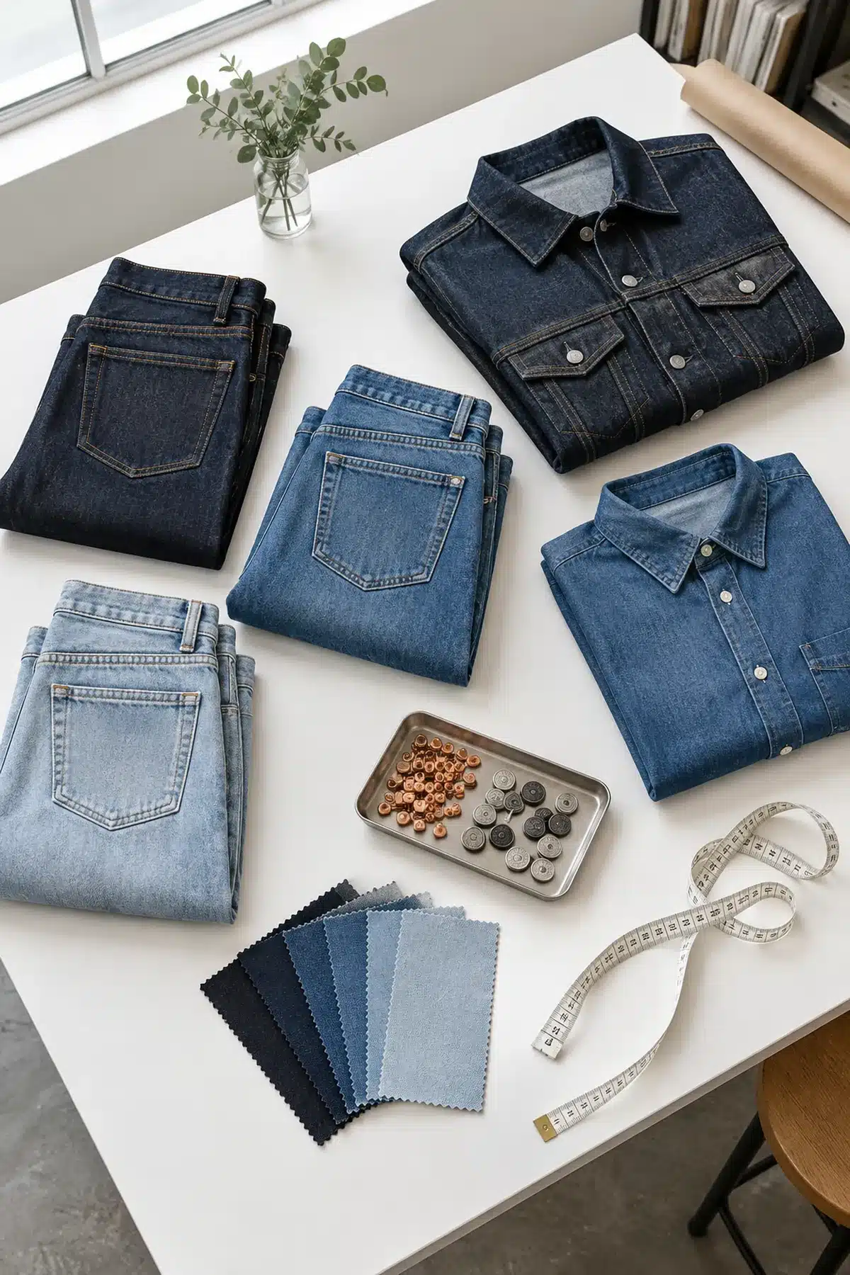 Capsule in denim su un tavolo da modellista: jeans piegati in tre lavaggi, una giacca in denim grezzo, bottoni in metallo e campioni di tessuto